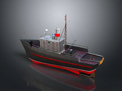 Detailed Black And Red Model Ship With Cabin Mast And Chimney On Deck 3d model
