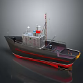 Detailed Black And Red Model Ship With Cabin Mast And Chimney On Deck