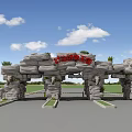 Stone Entrance Gate With Multiple Arches Red Signage Green Plants And Blue Sky White Clouds