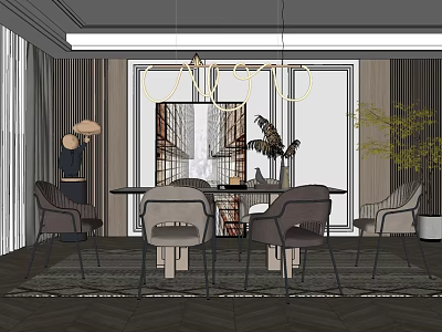 Modern Dining Table Set With Matching Chairs Hanging Chandelier And Decorative Plants 3d model