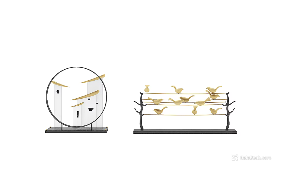 Decorative Ornament Set with Circular Design and Gold Bird Decorations on Tree Shaped Base 3d model 