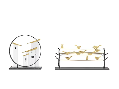 Decorative Ornament Set with Circular Design and Gold Bird Decorations on Tree Shaped Base 3d model
