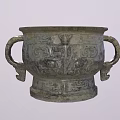Ancient Bronze Vessel With Double Handles And Intricate Mythical Carvings Design