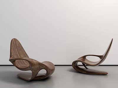Two Unique Modern Wooden Armchairs with Curved Design on Gray Floor and White Background 3d model