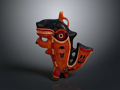 Traditional Hand Carved Colorful Wooden Sculpture With Intricate Facial Patterns And Red Black Details 3d model