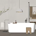 Minimalist White Freestanding Bathtub With Pendant Light Green Plant And Wooden Stool