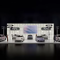 Modern Exhibition Booth Car Display With Multiple Colorful Cars And Large Screen Background
