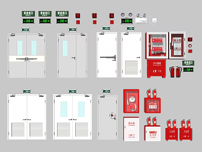 Essential Fire Safety Equipment Featuring Fire Doors Hydrants Alarms And Extinguishers 3d model