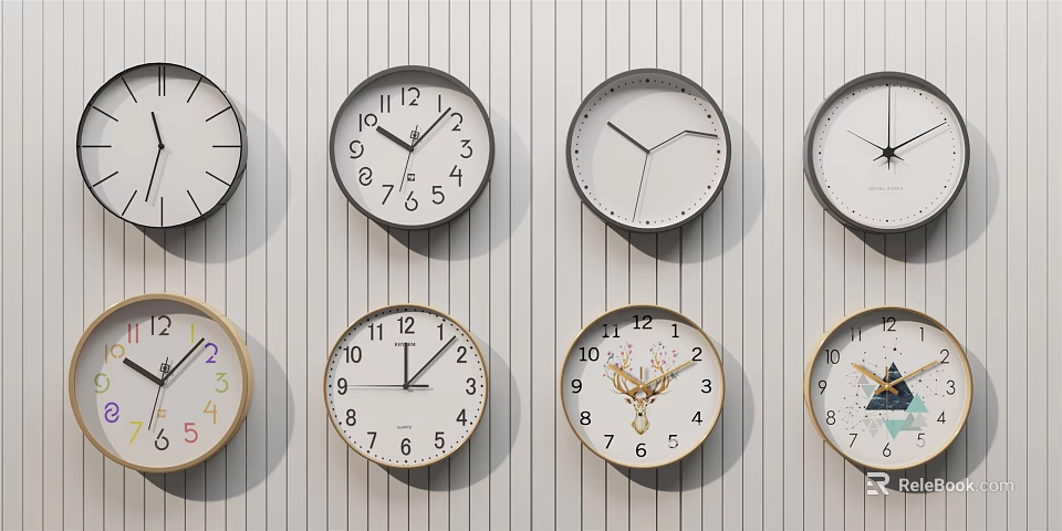 Various Design Clocks Hanging On Vertical Striped Wall For Home Decor 3d model 