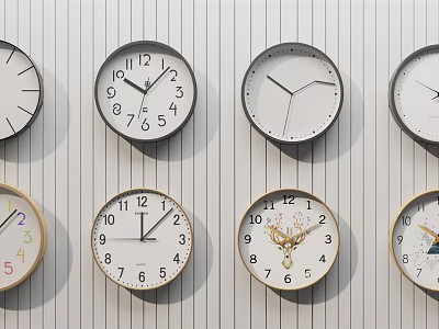 Various Design Clocks Hanging On Vertical Striped Wall For Home Decor 3d model