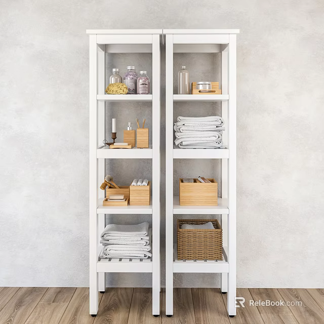 Organized Bathroom Accessories On White Shelves With Towels Wooden Boxes And Baskets 3d model 