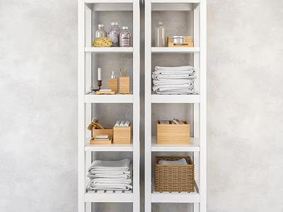 Organized Bathroom Accessories On White Shelves With Towels Wooden Boxes And Baskets 3d model