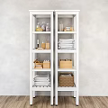 Organized Bathroom Accessories On White Shelves With Towels Wooden Boxes And Baskets