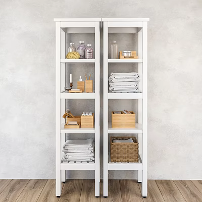 Organized Bathroom Accessories On White Shelves With Towels Wooden Boxes And Baskets 3d model