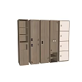 Wooden Storage Lockers With Different Designs Including Doors Drawers And Open Shelves