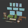 Living Room Interior With Green Sofa Armchair Bookshelf And Wooden Tables