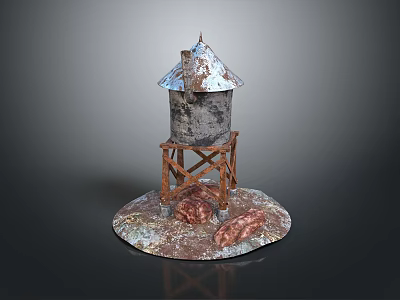 Rusted Water Tower With Wooden Support Structure Small Chimney And Weathered Base 3d model