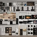 Variety Of Modern Kitchen Appliances Display Different Stylish Types On Storage Shelves
