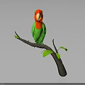 Green parrot with red head perched on branch with green leaves against gray background