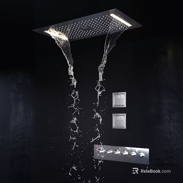 Modern Shower Faucet With Flowing Water On Black Wall And Control Panel Design 3d model 