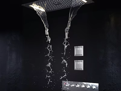 Modern Shower Faucet With Flowing Water On Black Wall And Control Panel Design 3d model