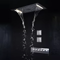 Modern Shower Faucet With Flowing Water On Black Wall And Control Panel Design