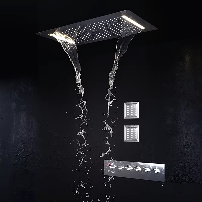 Modern Shower Faucet With Flowing Water On Black Wall And Control Panel Design 3d model