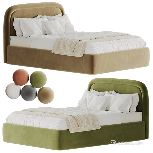 Modern Double Bed With Upholstered Headboard White Pillows And Colorful Decorative Balls 3d model 