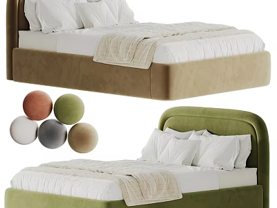 Modern Double Bed With Upholstered Headboard White Pillows And Colorful Decorative Balls 3d model