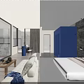 Modern Hotel Guest Room With Blue Decor Fireplace Sofa And Wooden Coffee Table