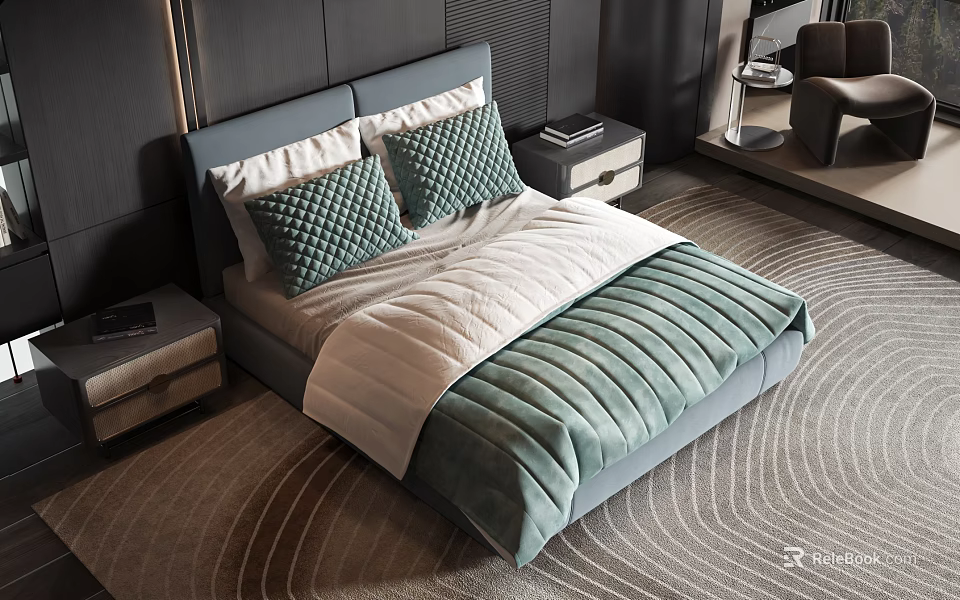 Modern Double Bed With Grey Headboard Green And White Bedding Nightstands And Rug 3d model 