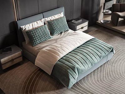 Modern Double Bed With Grey Headboard Green And White Bedding Nightstands And Rug 3d model