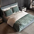 Modern Double Bed With Grey Headboard Green And White Bedding Nightstands And Rug