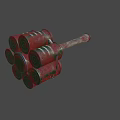 Weapon Hammer With Multiple Red Barrel Shaped Heads And Worn Wooden Handle