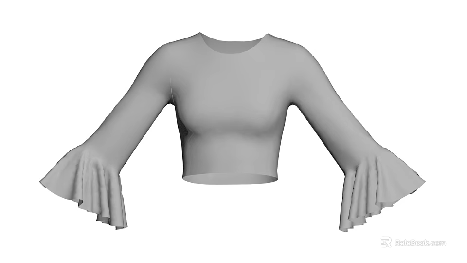Stylish Gray Crop Top With Long Flared Sleeves And Ruffled Edges Design 3d model 