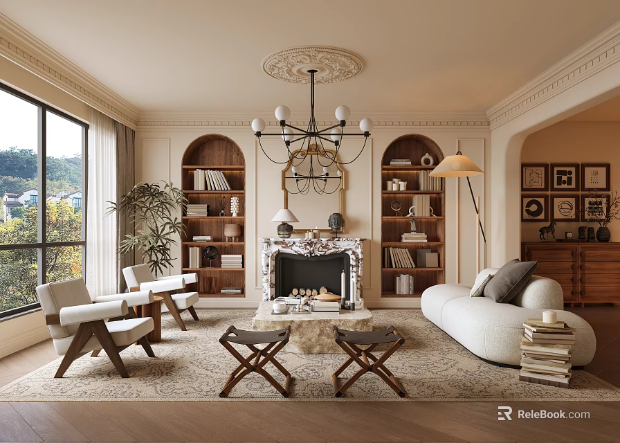 Modern Elegant Living Room Interior With Floor to Ceiling Windows Bookshelves Fireplace And Chandelier 3d model 