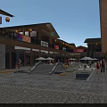 Modern Hinged Doors in Commercial Street Plaza with Storefront Facades and Pedestrians