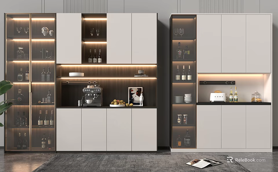 Modern Wine Cabinet Interior Featuring Glass Doors LED Lighting And Wine Storage 3d model 