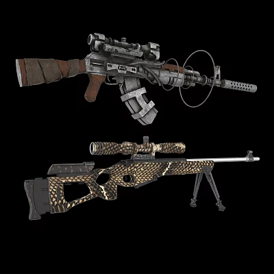 Tactical Rifle With Wooden Grip And Scope And Sniper Rifle Camouflage Pattern Tripod Stand 3d model