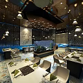 Modern Restaurant Interior With Shell Decorations Pendant Lights Patterned Tiles And Blue Wave Bar 3d model