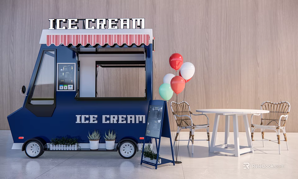 Blue Ice Cream Van With Signboard Colorful Balloons And Outdoor Seating 3d model 