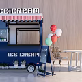 Blue Ice Cream Van With Signboard Colorful Balloons And Outdoor Seating
