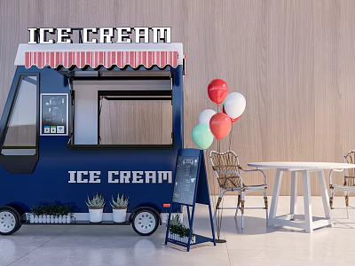Blue Ice Cream Van With Signboard Colorful Balloons And Outdoor Seating 3d model