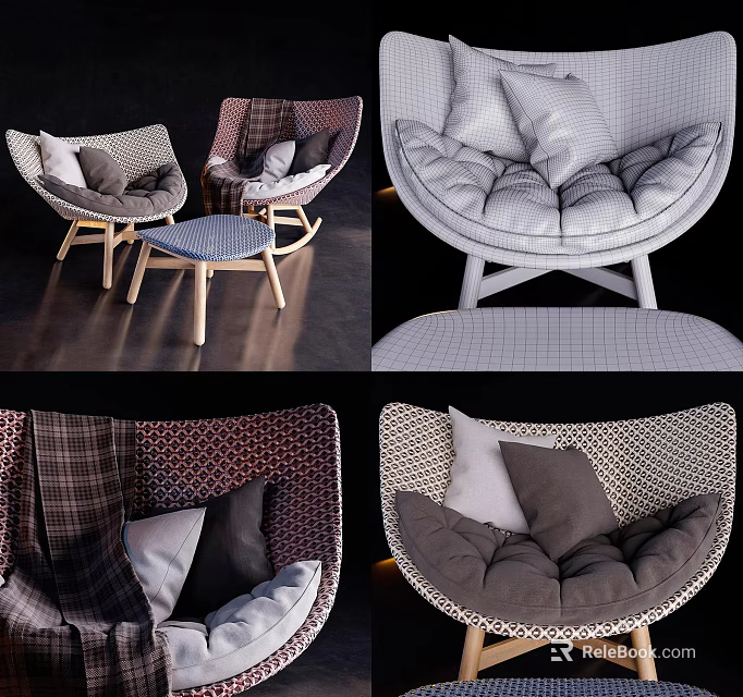 Modern Woven Leisure Chairs With Comfortable Cushions And Stylish Patterned Fabric 3d model 