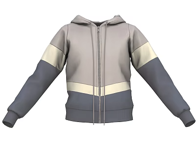 Gray And Beige Panelled Hoodie With Full Zip Closure And Long Sleeves 3d model