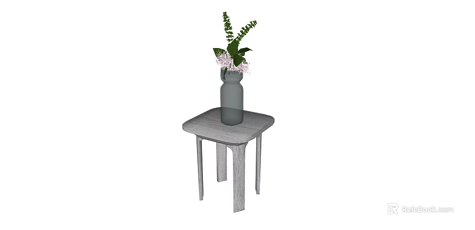 Stylish Gray Wooden Side Table With Top Displaying Gray Vase Green Leaves And Pink Flowers 3d model 