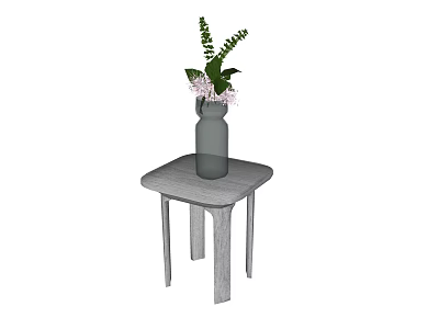 Stylish Gray Wooden Side Table With Top Displaying Gray Vase Green Leaves And Pink Flowers 3d model