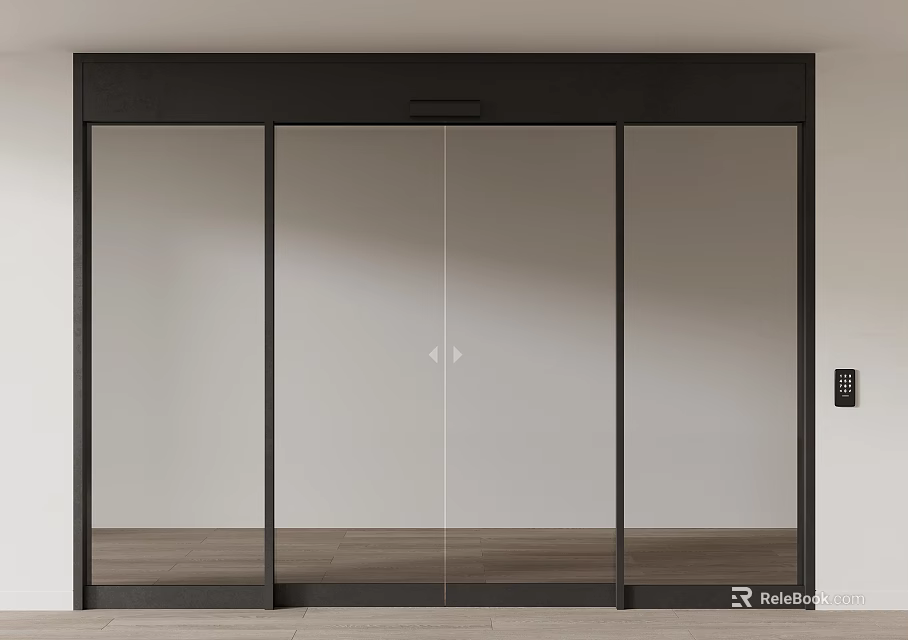 Modern Glass Double Doors with Black Frame Clear Panels Interior Design and Wooden Floor 3d model 