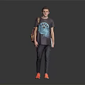 Man in Graphic Print T-shirt Carrying Patterned Backpack Holding Notebook Gray Pants Orange Shoes