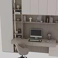 Modern Home Office Desk and Chair Set with Wooden Wall Shelves Computer and Decorative Books